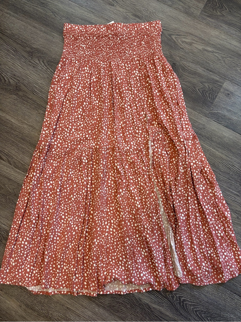 Suzy Shier Rust Coral Maxi Skirt with White Spot Print
